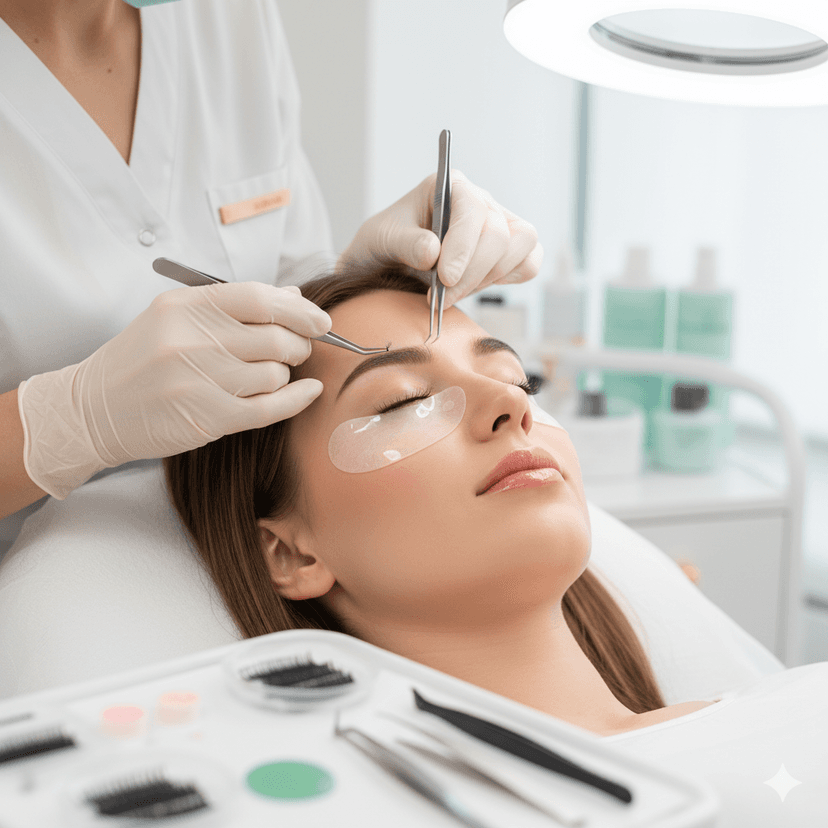 Lash artist ajustando os detalhes finais.