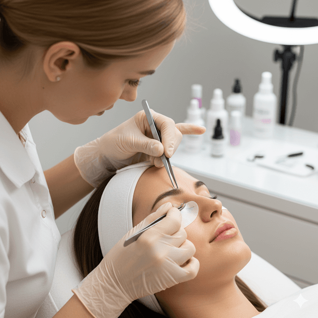 Profissional aplicando extensao de cilios com pinces em cliente relaxada.