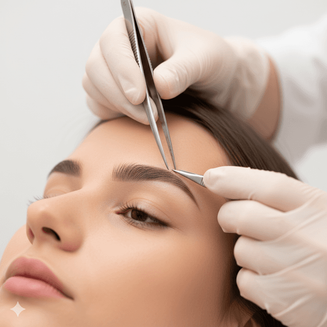 Design de sobrancelhas sendo feito com precisao em studio de beleza.